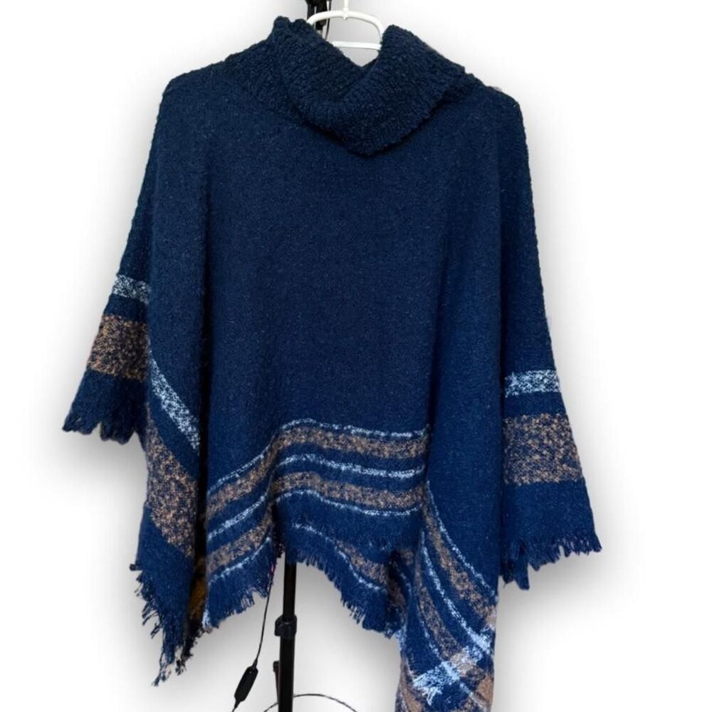 World Market NWT Navy Blue Boho Knit Poncho Cowl Neck Fringe One Size